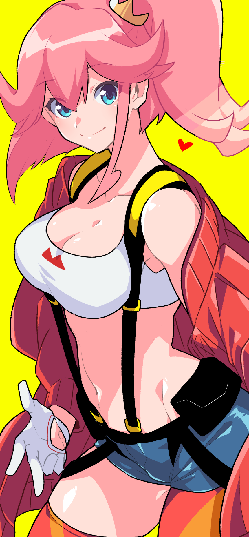 1girl aina_ardebit blue_eyes blue_shorts breasts cleavage crop_top gloves highres jacket looking_at_viewer medium_breasts midriff navel orange_thighhighs pink_hair promare red_jacket short_shorts shorts side_ponytail simple_background single_leg_pantyhose single_thighhigh smile solo suspenders takatsuki_ichi thighhighs white_gloves yellow_background