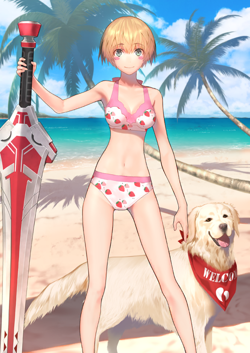 1girl aned_(fate) animal arm_at_side bare_arms bare_legs bare_shoulders beach bikini blonde_hair blue_sky blush_stickers breasts breasts_apart closed_mouth cloud cloudy_sky dog fate/grand_order fate_(series) feet_out_of_frame food_print fruit_print game_cg gareth_(fate) gareth_(swimsuit_saber)_(fate) gareth_(swimsuit_saber)_(second_ascension)_(fate) golden_retriever green_eyes groin hand_on_hilt hand_up horizon huge_weapon legs_apart looking_at_viewer medium_breasts navel nekotawawa ocean official_art palm_tree pink_bikini planted planted_sword planted_weapon print_bikini robigus_ironside sand short_hair sky smile solo standing stomach strawberry_print swimsuit sword third-party_source tree weapon white_bikini