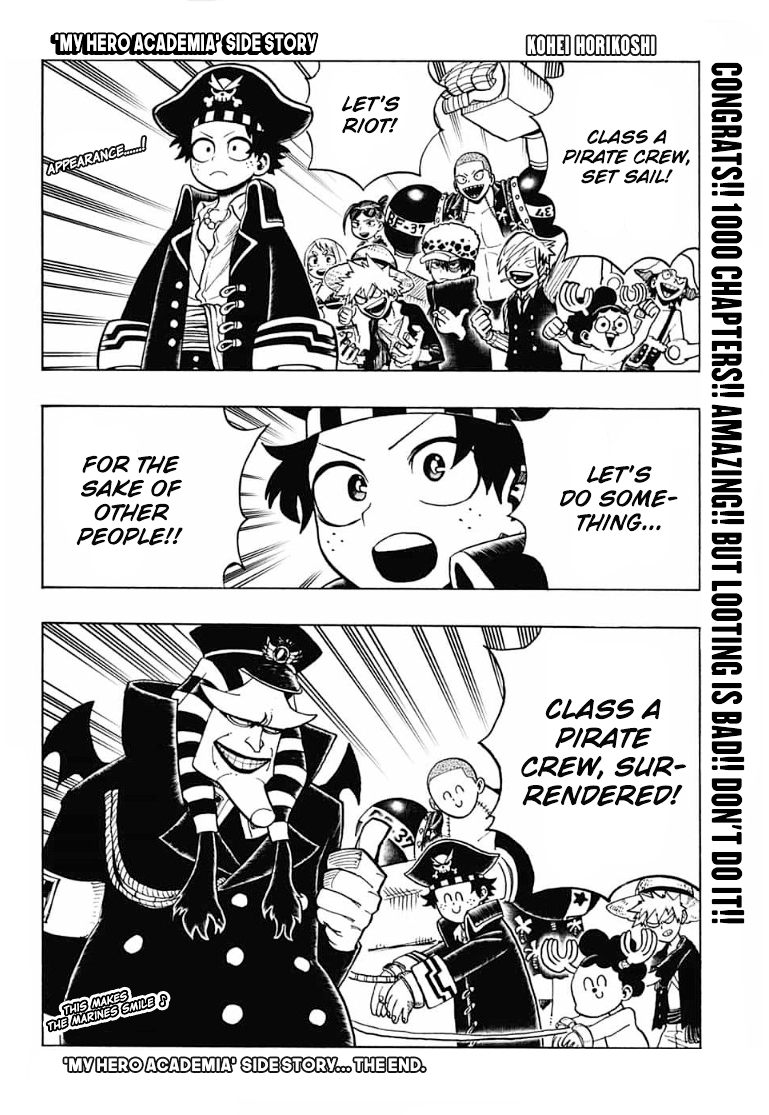 2girls 6+boys antlers artist_name bakugou_katsuki bikini boku_no_hero_academia cigarette comic copyright_name cosplay crossover english_text franky_(one_piece) franky_(one_piece)_(cosplay) freckles hannyabal_(one_piece) hat horikoshi_kouhei horns kaminari_denki kirishima_eijirou midoriya_izuku mineta_minoru monkey_d._luffy monkey_d._luffy_(cosplay) multiple_boys multiple_girls muscular muscular_male nami_(one_piece) nami_(one_piece)_(cosplay) nami_(one_piece)_(return_to_sabaody) nico_robin nico_robin_(cosplay) nico_robin_(return_to_sabaody) official_art one_piece pirate pirate_costume pirate_hat reindeer_antlers sanji_(one_piece) sanji_(one_piece)_(cosplay) scar scar_on_chest sequential sero_hanta speech_bubble spiked_hair straw_hat striped_bikini striped_clothes swimsuit todoroki_shouto tony_tony_chopper tony_tony_chopper_(cosplay) trafalgar_law trafalgar_law_(cosplay) uraraka_ochako usopp usopp_(cosplay) yaoyorozu_momo