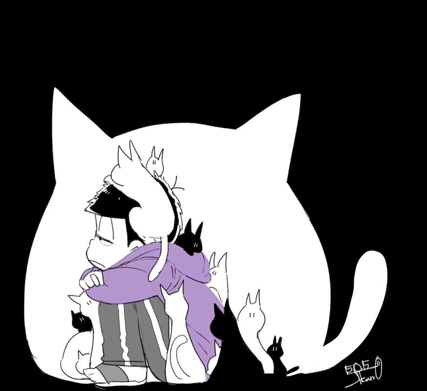 1boy animal animal_on_head bad_id bad_pixiv_id bags_under_eyes black_background black_cat cat cat_on_head closed_mouth crossed_arms from_side half-closed_eyes hood hood_basket hood_down hoodie jikuno knees_to_chest knees_up long_sleeves looking_away male_focus matsuno_ichimatsu on_head osomatsu-kun osomatsu-san osomatsu_(series) pants purple_hoodie sad sandals signature sitting spot_color sweatpants too_many too_many_cats two-tone_background white_background white_cat