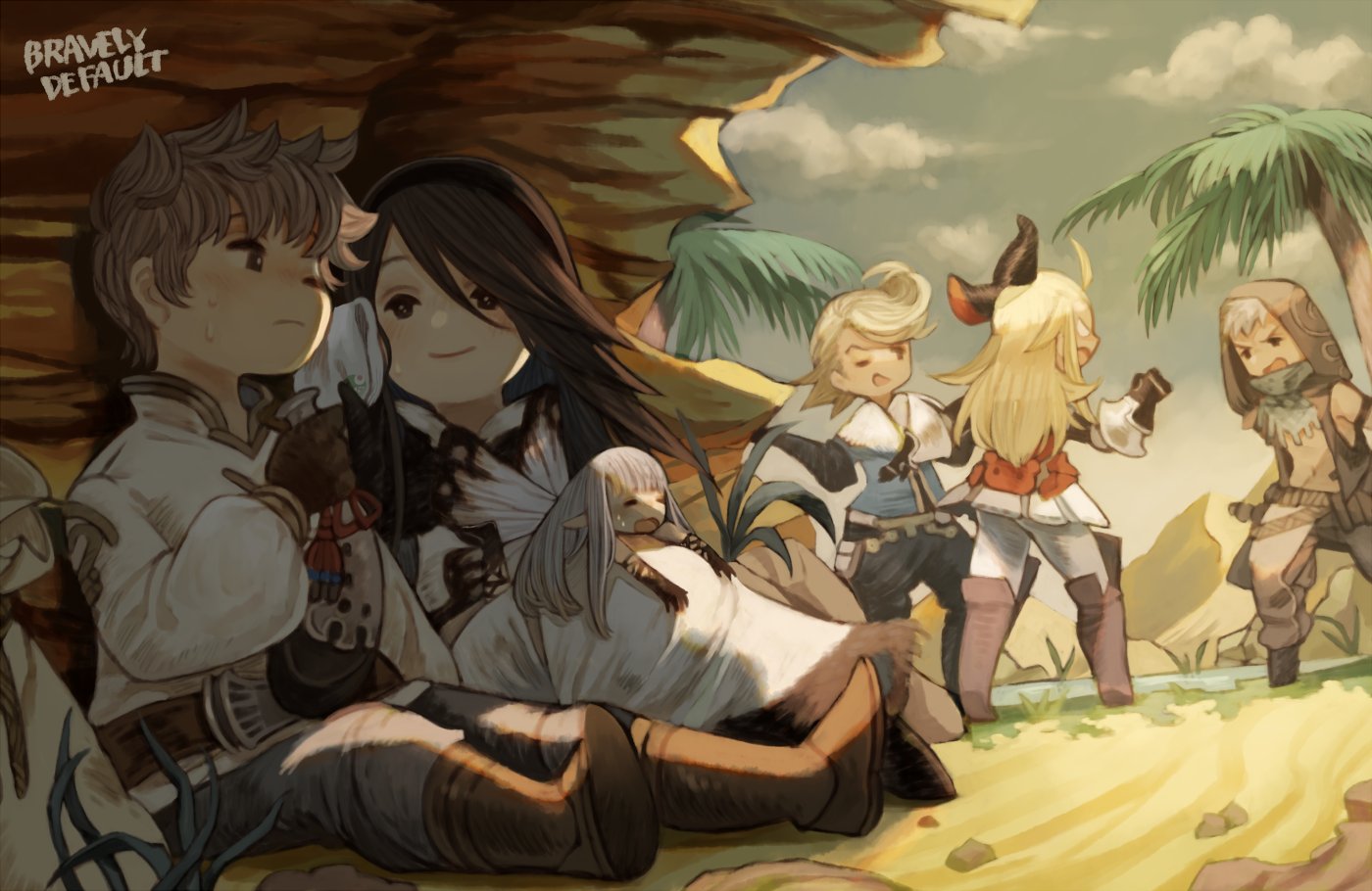 3boys 3girls agnes_oblige airy_(bravely_default) boots bravely_default:_flying_fairy bravely_default_(series) desert edea_lee fairy fairy_wings irono16 jackal_(bravely_default) mini_person minigirl multiple_boys multiple_girls palm_tree ringabel shade sitting sweatdrop tiz_arrior tree water wings wiping_face