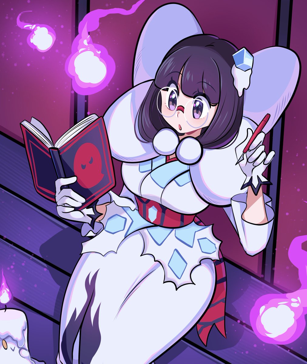 1girl bob_cut book breasts creatures_(company) crystal_hair_ornament game_freak gen_5_pokemon glasses gloves hair_ornament highres holding holding_pen japanese_clothes kimono litwick long_hair long_sleeves missandydandy nintendo official_alternate_costume open_mouth pen pokemon pokemon_(creature) pokemon_masters_ex purple_eyes purple_hair sash shauntal_(fall_2024)_(pokemon) shauntal_(pokemon) very_long_sleeves white_gloves white_kimono