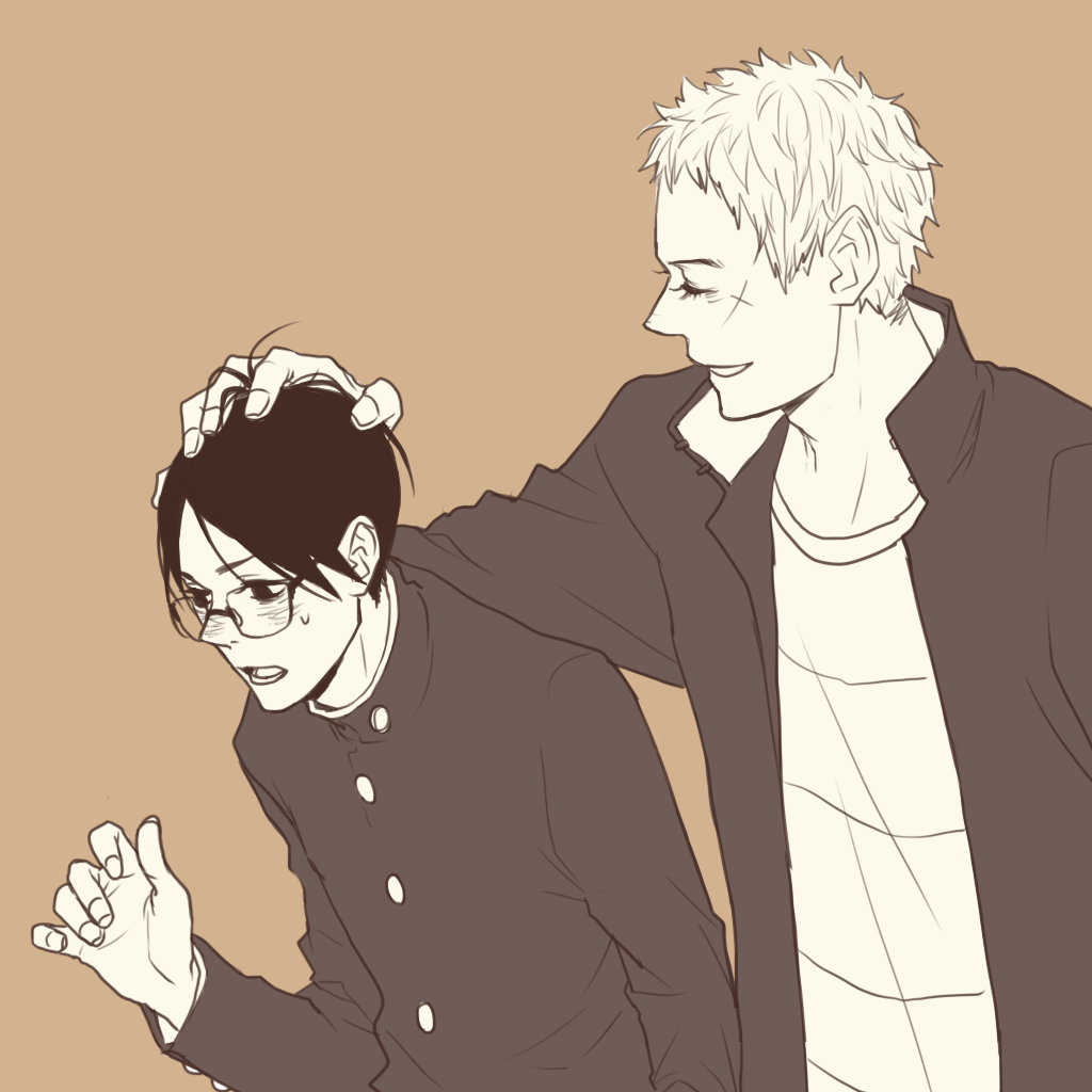 2boys artist_request bad_id bad_pixiv_id blush closed_eyes cross_scar facial_scar gakuran glasses hand_in_another&#039;s_hair height_difference jacket kawabuchi_sentarou male_focus monochrome multiple_boys nishimi_kaoru open_clothes open_jacket ruffling_hair sakamichi_no_apollon scar scar_on_cheek scar_on_face school_uniform sepia short_hair shy simple_background smile sweatdrop upper_body