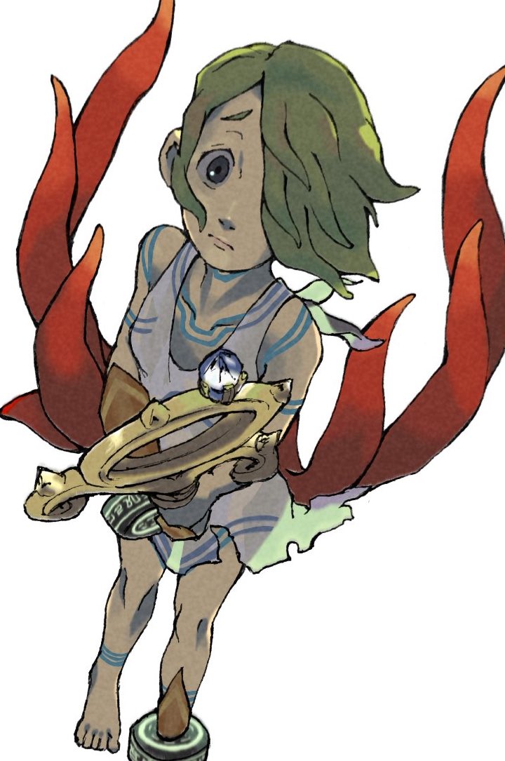 1girl barefoot bracelet breath_of_fire breath_of_fire_v closed_mouth dress full-body_tattoo full_body green_hair hair_over_one_eye jewelry kyabe2_hidamari looking_at_viewer nina_(breath_of_fire_v) red_wings see-through_clothes short_hair simple_background solo tattoo weapon white_background white_dress wings