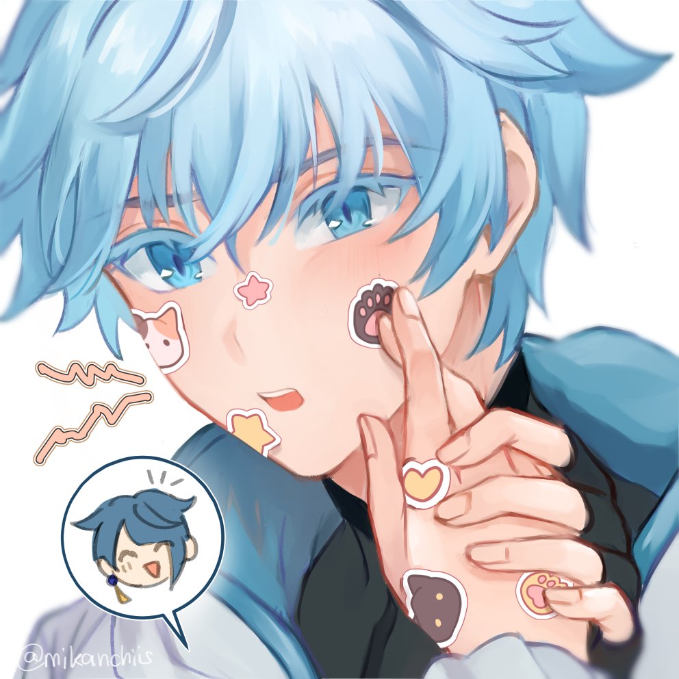 2boys blue_eyes blue_hair blush chongyun_(genshin_impact) genshin_impact hair_between_eyes male_focus mikanchii multiple_boys open_mouth short_hair sticker_on_face white_hood xingqiu_(genshin_impact)