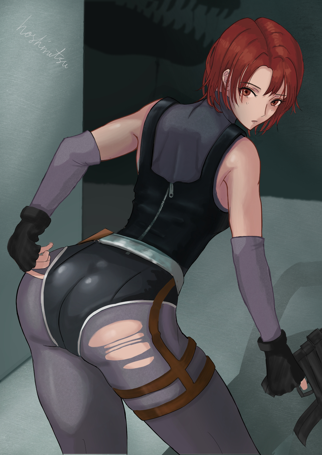 1girl arm_warmers ass blush bodysuit breasts capcom dino_crisis embarrassed fingerless_gloves from_behind gloves gun highres holster hoshimitsu leotard leotard_over_bodysuit looking_back looking_down red_eyes red_hair regina_(dino_crisis) short_hair sideboob solo submachine_gun thigh_holster torn_clothes weapon