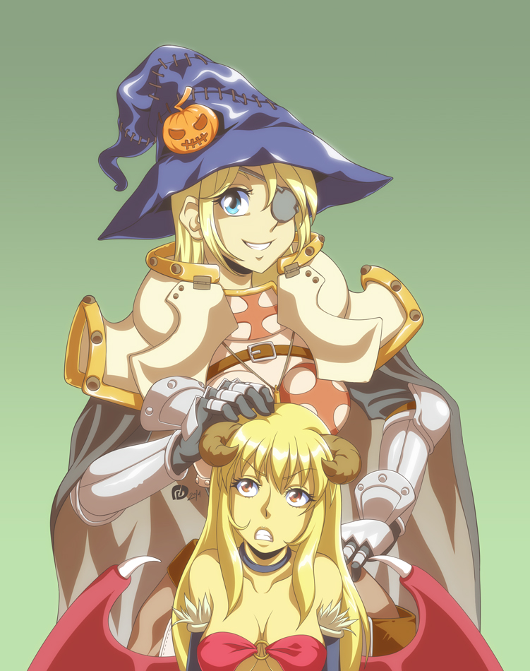 2girls armor black_gloves blonde_hair blue_eyes blue_hat bra breastplate breasts brown_horns cape clenched_teeth cokeboy commentary commission crusader_(ragnarok_online) curled_horns demon_girl english_commentary eyepatch frown gauntlets gloves green_background grey_cape grin hand_on_another&#039;s_head hat horns jack-o&#039;-lantern_hat_ornament long_hair looking_at_viewer medium_breasts multiple_girls o-ring o-ring_top pauldrons ragnarok_online red_bra red_eyes shoulder_armor sidelocks simple_background smile succubus_(ragnarok_online) teeth underwear upper_body v-shaped_eyebrows witch_hat