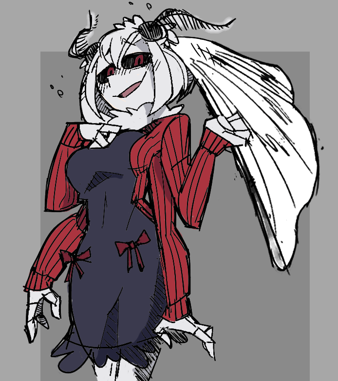 1girl antennae arthropod_girl black_dress black_sclera borrowed_character bow breasts colored_sclera colored_skin colorized commentary cowboy_shot dress dress_bow english_commentary extra_arms grey_background head_wings helltaker insect_girl insect_wings looking_at_viewer mashiro_(solopipb) matpat112 medium_breasts moth_girl moth_wings neck_fur open_mouth original pinafore_dress red_bow red_eyes red_sweater short_hair sleeveless sleeveless_dress smile solo sweater two-tone_background vanripper white_hair white_skin white_wings wings
