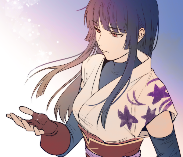 1girl black_hair blunt_bangs fingerless_gloves floral_print gintama gloves hime_cut imai_nobume japanese_clothes long_hair onegingek red_eyes red_gloves sash simple_background solo upper_body