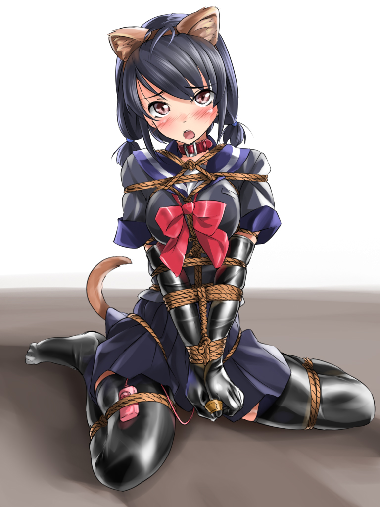 緊縛しばり吊り写真 fumi11gou, kinbaku, soshite keifuku, 1girl, animal ears, bdsm, black hair,  black thighhighs, blush, bondage, bound, bound fingers, bound wrists,  breasts, brown eyes, collar, elbow gloves, fake animal ears, feet, female  focus, frogtie,