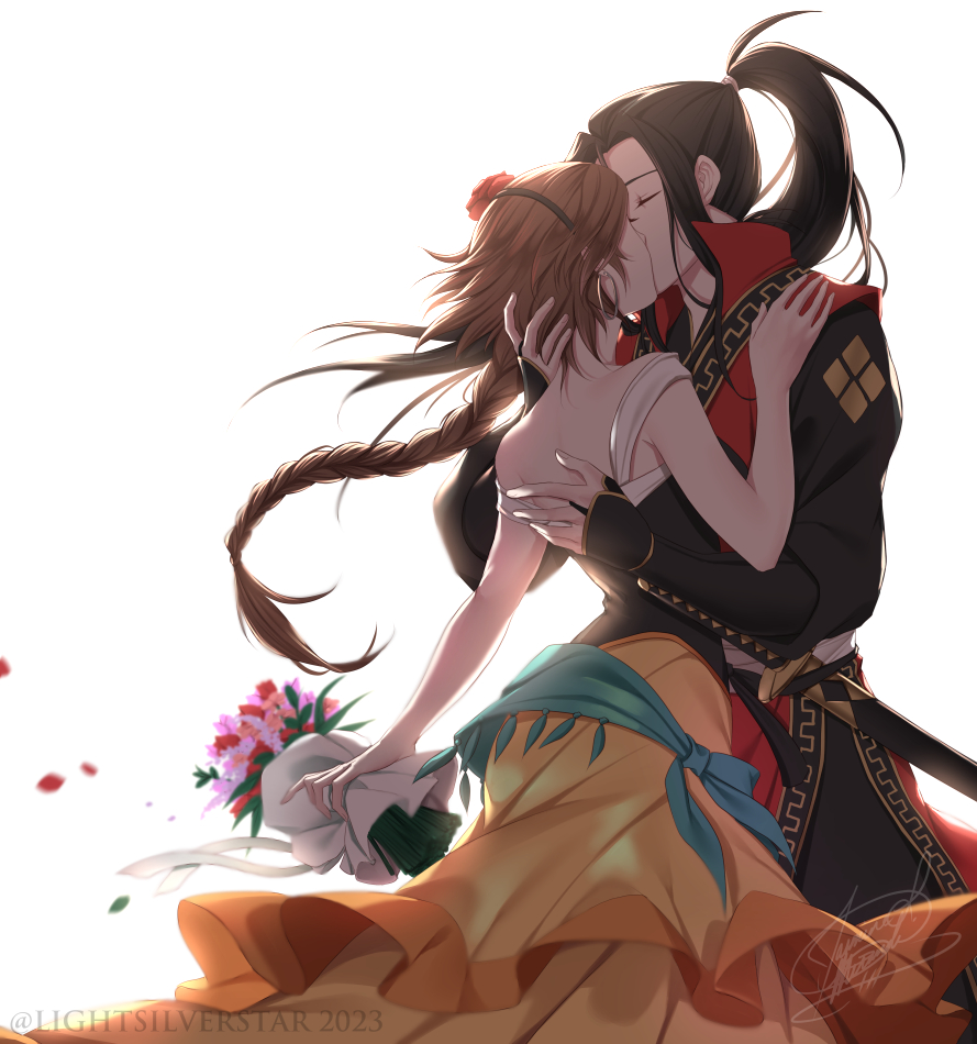 1boy 1girl agnea_bristarni armor black_hair bouquet brown_hair closed_eyes flower hetero hikari_ku japanese_armor katana kiss lightsilverstar octopath_traveler octopath_traveler_ii ponytail sword tagme weapon white_background