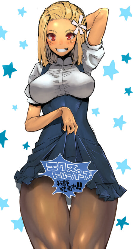 1girl arms_behind_head barista blonde_hair blush breasts capcom clothes_lift convenient_censoring dark-skinned_female dark_skin e.x._troopers flower flower_on_head forehead gyaru large_breasts lost_planet medium_hair orange_eyes piaisai see-through_clothes see-through_legwear shiny_skin skirt skirt_lift smile thick_thighs thighhighs thighs yuna_(e.x._troopers)