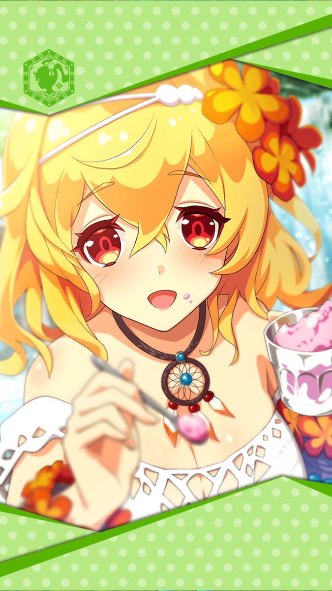 1girl artist_request bikini blonde_hair blush breasts cleavage dreamcatcher eros_(phantom_of_the_kill) feeding flower food food_on_face framed_image hair_between_eyes hair_flower hair_ornament highres ice_cream jewelry large_breasts necklace official_art phantom_of_the_kill red_eyes spoon swimsuit white_bikini