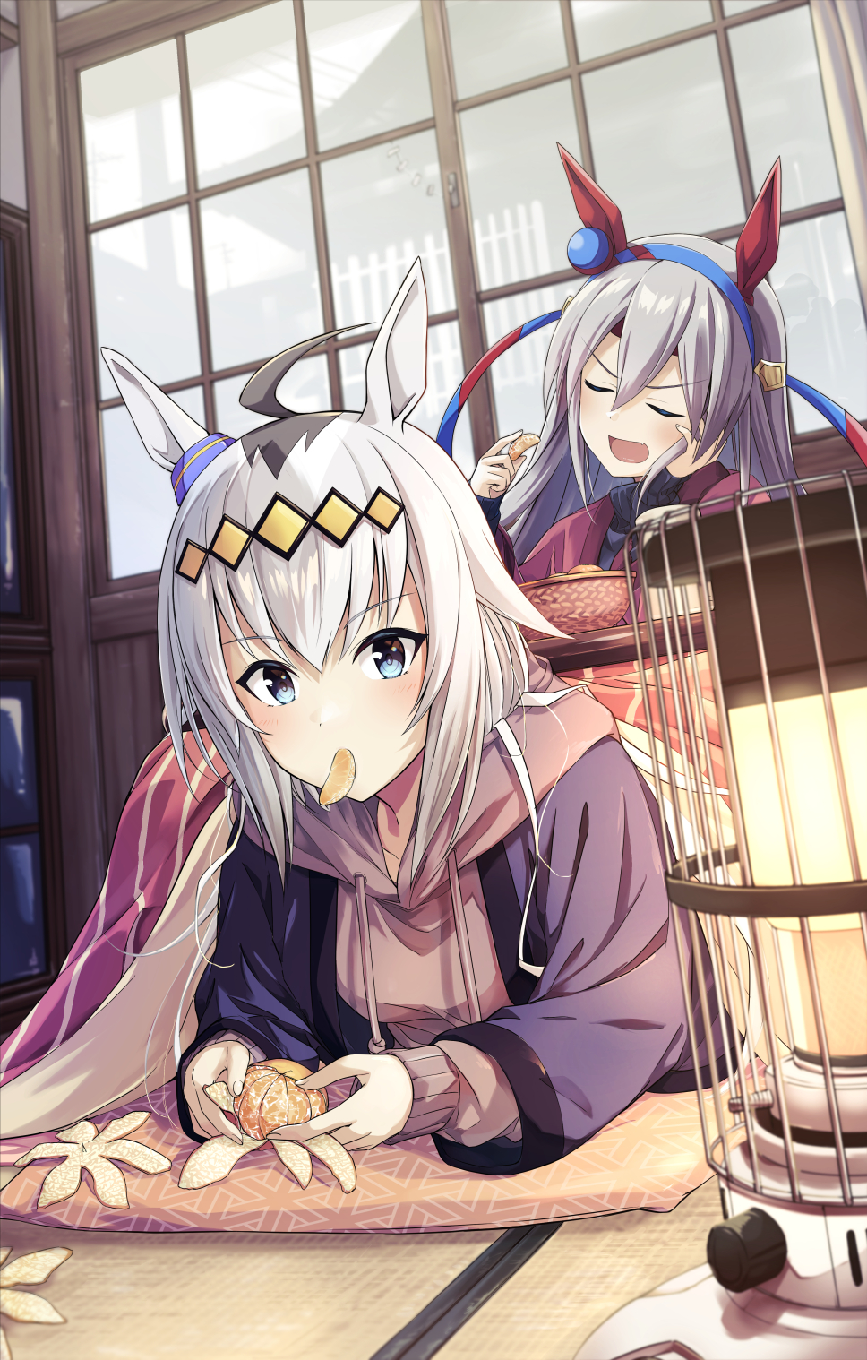 2girls animal_ears basket black_sweater blue_eyes blue_hairband blush closed_eyes collarbone cushion eating fang fingernails food fruit grey_hair grey_hoodie hair_between_eyes hairband highres holding holding_food holding_fruit hood hoodie horse_ears horse_girl indoors kerosene_heater kotatsu long_hair long_sleeves mandarin_orange mouth_hold multiple_girls murasaki_himuro oguri_cap_(umamusume) open_mouth shouji sliding_doors smile sweater table tamamo_cross_(umamusume) tatami turtleneck turtleneck_sweater umamusume zabuton