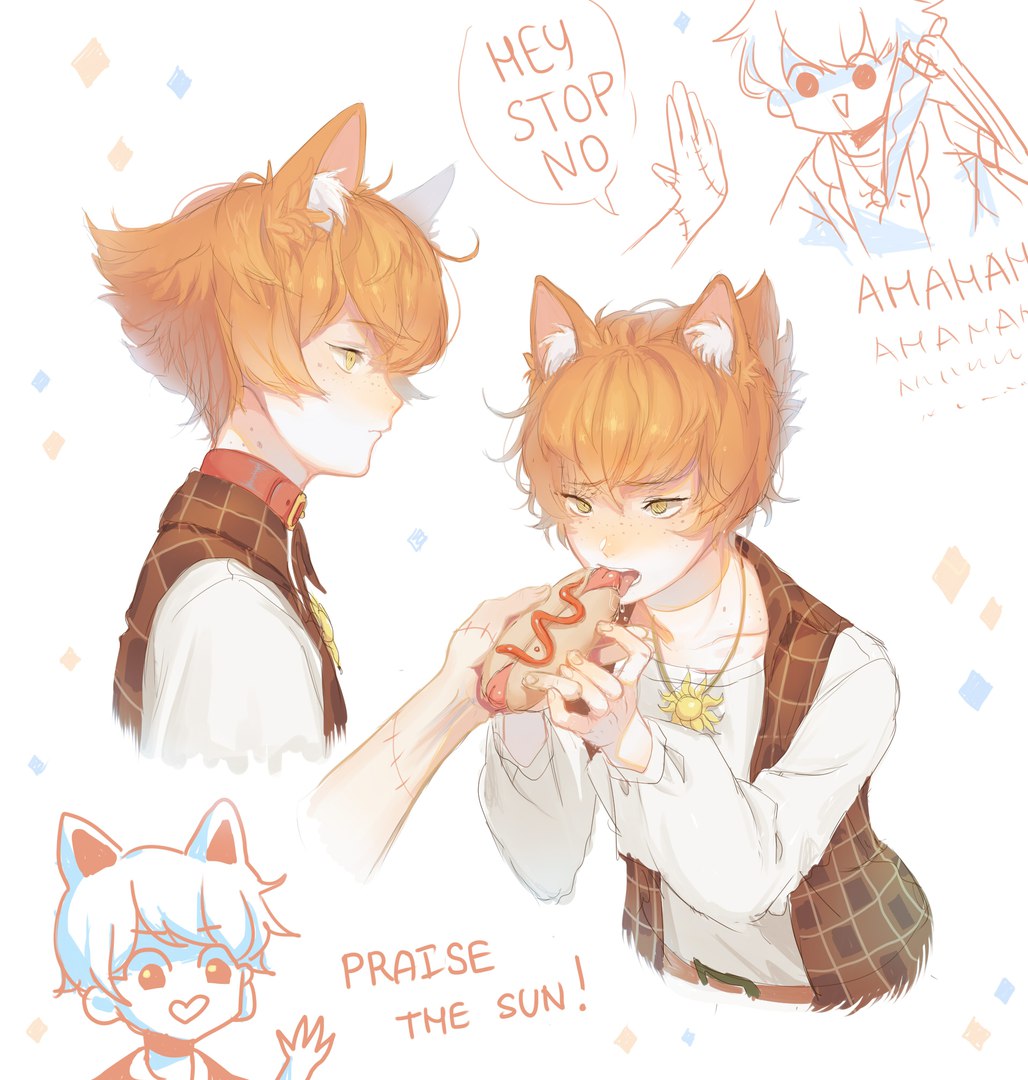 2boys animal_ear_fluff animal_ears astrocatsama belt belt_buckle belt_collar blush borrowed_character brown_belt brown_vest buckle cat_ears collar collarbone collared_vest commentary diamond_(shape) english_commentary english_text feeding fingernails freckles furrowed_brow hands_on_another&#039;s_hands hot_dog jewelry ketchup long_sleeves male_focus multiple_boys multiple_views necklace open_clothes open_vest orange_hair original out_of_frame partially_colored plaid_clothes plaid_vest praise_the_sun puffy_long_sleeves puffy_sleeves red_collar scar scar_on_arm shirt short_hair simple_background sketch speech_bubble sun sun_necklace upper_body vest white_background white_shirt white_sleeves yaoi yellow_eyes