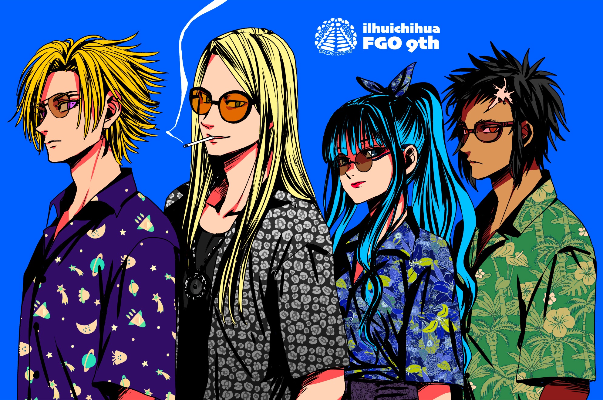 1girl 3boys black_hair blonde_hair blue_background blue_hair daybit_sem_void fate/grand_order fate_(series) highres izcalli_(fate) jewelry kamaji long_hair looking_at_viewer multiple_boys necklace ponytail ribbon scar sunglasses tenochtitlan_(fate) tezcatlipoca_(fate) wakkamaji