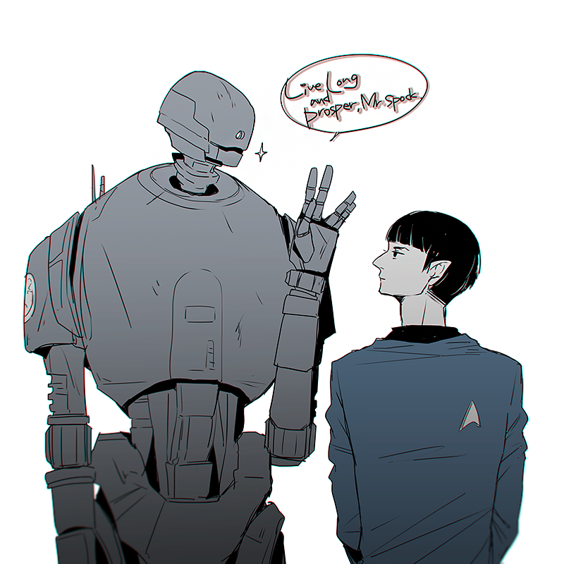 crossover k-2so pointy_ears robot rogue_one:_a_star_wars_story salute spock star_trek star_wars star_wars:_rogue_one starfleet_uniform tagme vulcan vulcan_salute