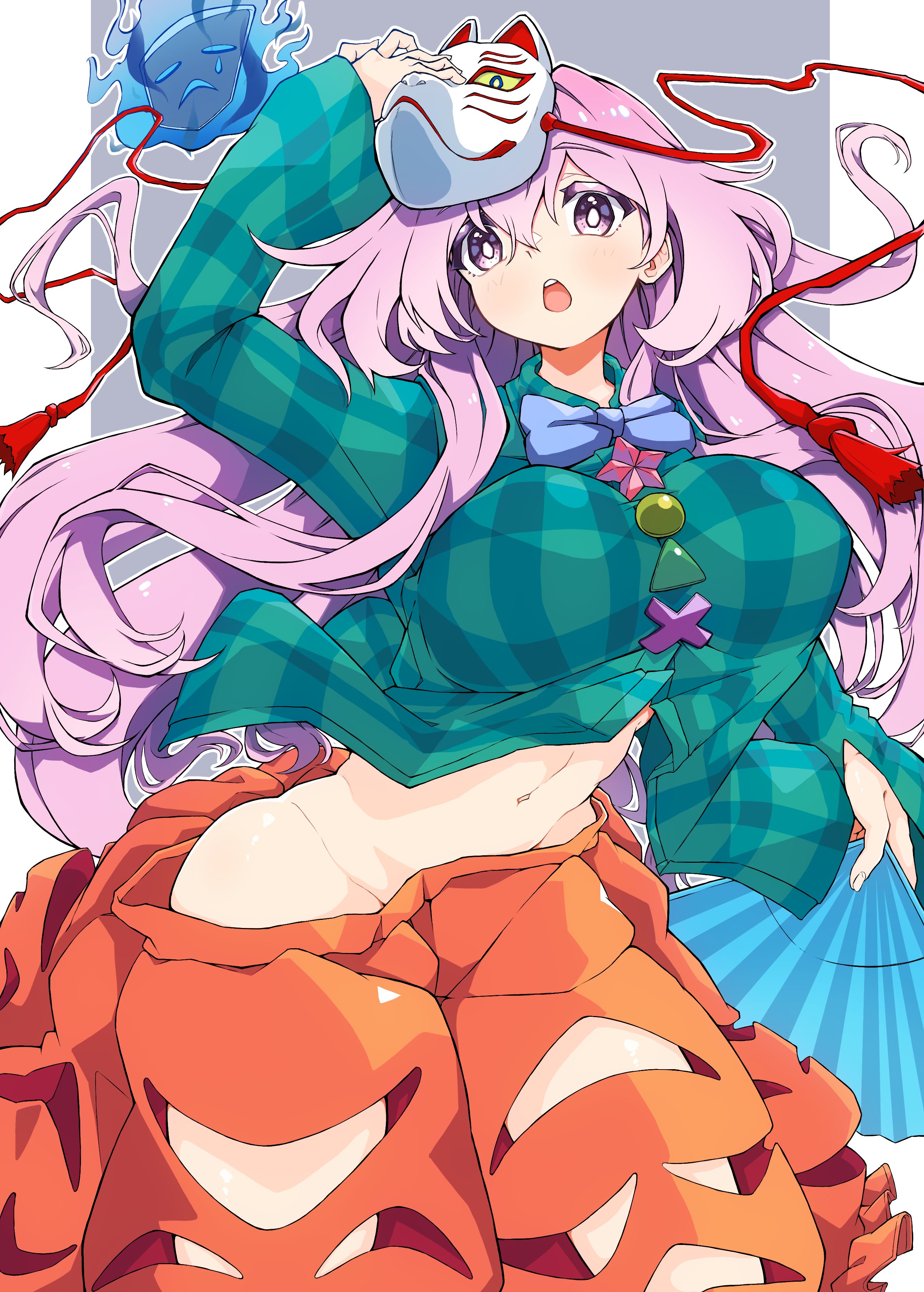 1girl absurdres breasts bubble_skirt fox_mask gurajio hata_no_kokoro highres large_breasts mask mask_on_head pink_eyes pink_hair plaid_clothes plaid_shirt shirt skirt solo touhou