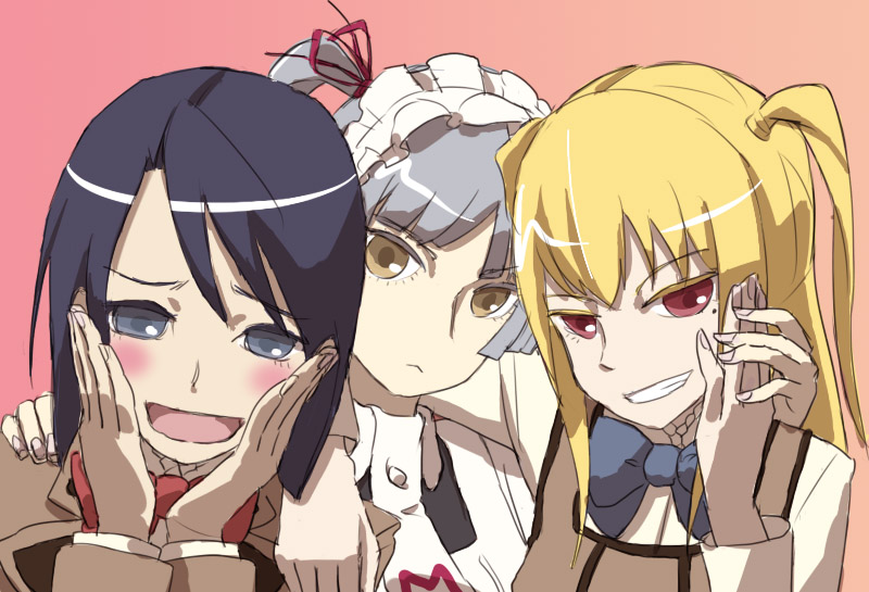00s 1boy 2girls black_hair blush maid maria_holic miyamae_kanako mole mole_under_eye multiple_girls school_uniform shidou_mariya shinouji_matsurika short_hair trap twintails vel