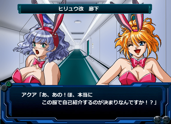 2girls animal_ears aqua_centolm blonde_hair blue_eyes blue_hair breasts cleavage excellen_browning fake_animal_ears large_breasts multiple_girls playboy_bunny rabbit_ears screencap super_robot_wars