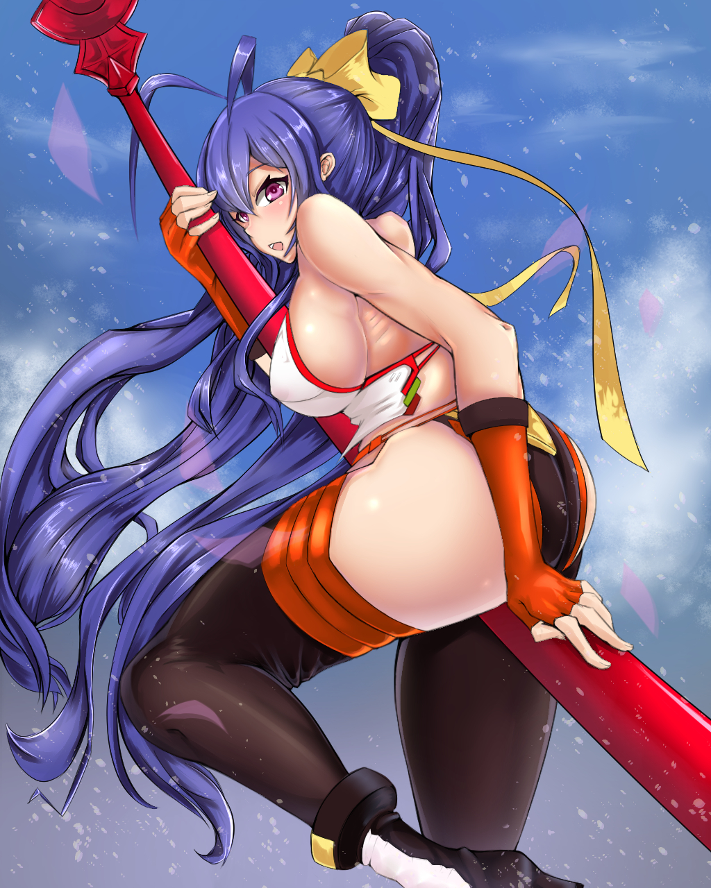 1girl akaokuro_oumu antenna_hair backless_outfit bare_shoulders black_pants blazblue blazblue:_central_fiction blazblue_variable_heart blue_hair bow breasts cloud fingerless_gloves gloves hair_bow high_ponytail highres holding holding_weapon large_breasts long_hair lowleg lowleg_pants magenta_eyes mai_natsume outseal pants ponytail red_gloves sky solo weapon yellow_bow