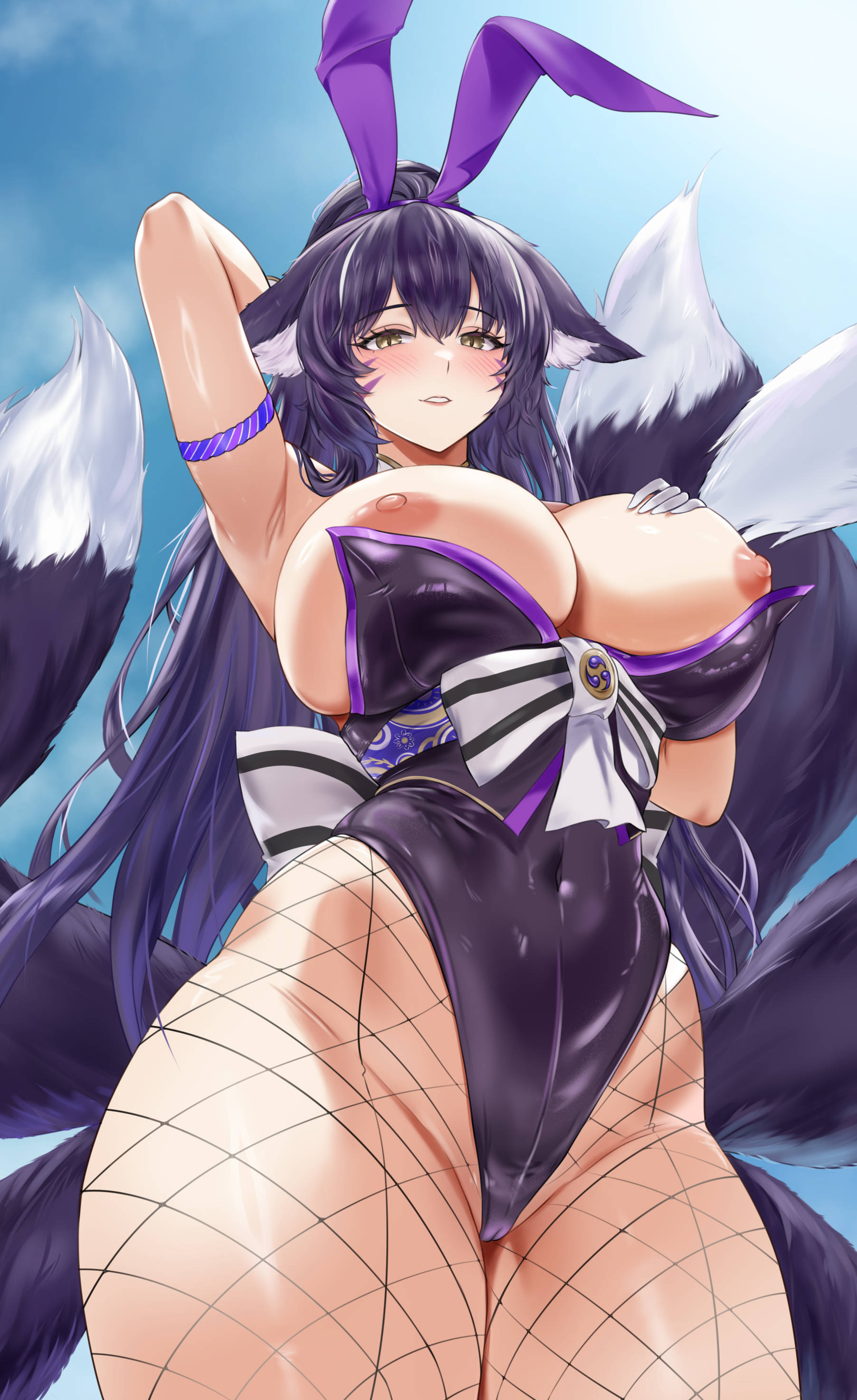 1girl absurdres animal_ears arms_behind_head azur_lane beatheart blue_sky covered_navel cowboy_shot day facial_mark fake_animal_ears fishnet_pantyhose fishnets fox_ears fox_girl from_below gloves hand_on_own_chest highleg highleg_leotard highres kitsune kyuubi leotard long_hair looking_at_viewer looking_down multiple_tails musashi_(azur_lane) musashi_(the_purple_rabbit's_marksmanship)_(azur_lane) nipples official_alternate_costume outdoors pantyhose playboy_bunny purple_hair purple_leotard purple_tail purple_trim rabbit_ears sky strapless strapless_leotard tail very_long_hair whisker_markings white_gloves yellow_eyes