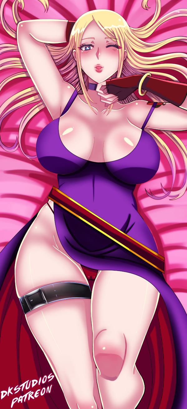 1girl belt blonde_hair blowing_kiss blue_eyes blush breasts breasts_apart choker dkstudios05 dress fatal_fury fingerless_gloves flower_tattoo garou:_mark_of_the_wolves gloves highres b._jenet large_breasts long_hair looking_at_viewer one_eye_closed panties puckered_lips purple_choker purple_dress red_gloves red_panties ringlets shiny_skin snk solo tattoo thigh_strap two-tone_dress underwear