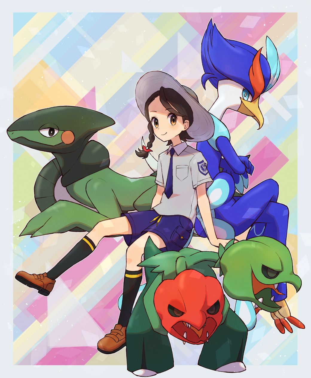 1girl blue_necktie blue_shorts braid brown_hair closed_mouth cyclizar hat highres juliana_(pokemon) long_hair looking_at_viewer necktie nintendo pokemon pokemon_(creature) pokemon_sv quaquaval school_uniform scovillain shirt short_sleeves shorts sitting smile solo uva_academy_school_uniform white_hat white_shirt york0pm