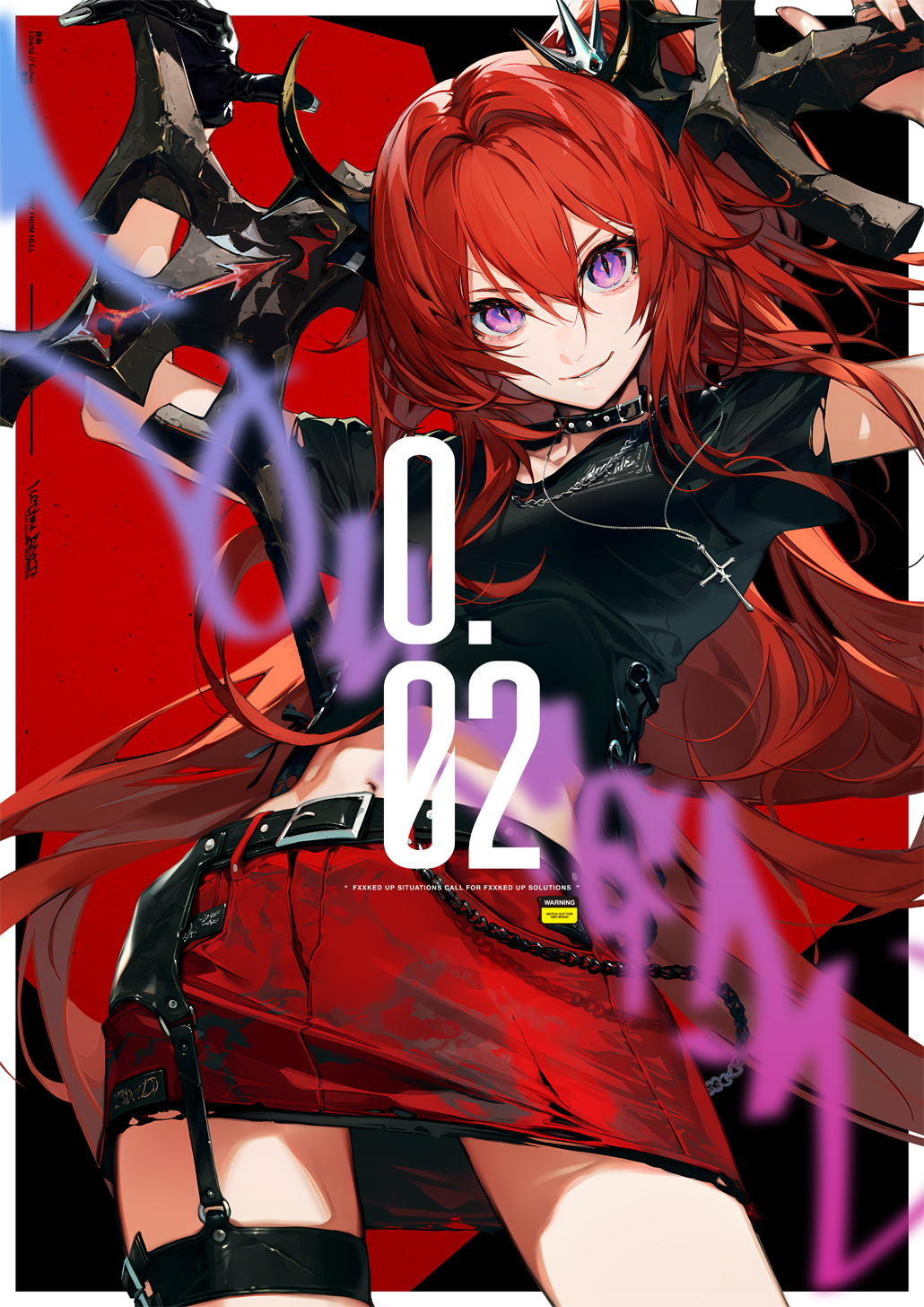 1girl arknights belt choker highres holding holding_sword holding_weapon horns kodama_(wa-ka-me) long_hair looking_at_viewer midriff purple_eyes red_hair skirt smile solo surtr_(arknights) sword thigh_strap weapon