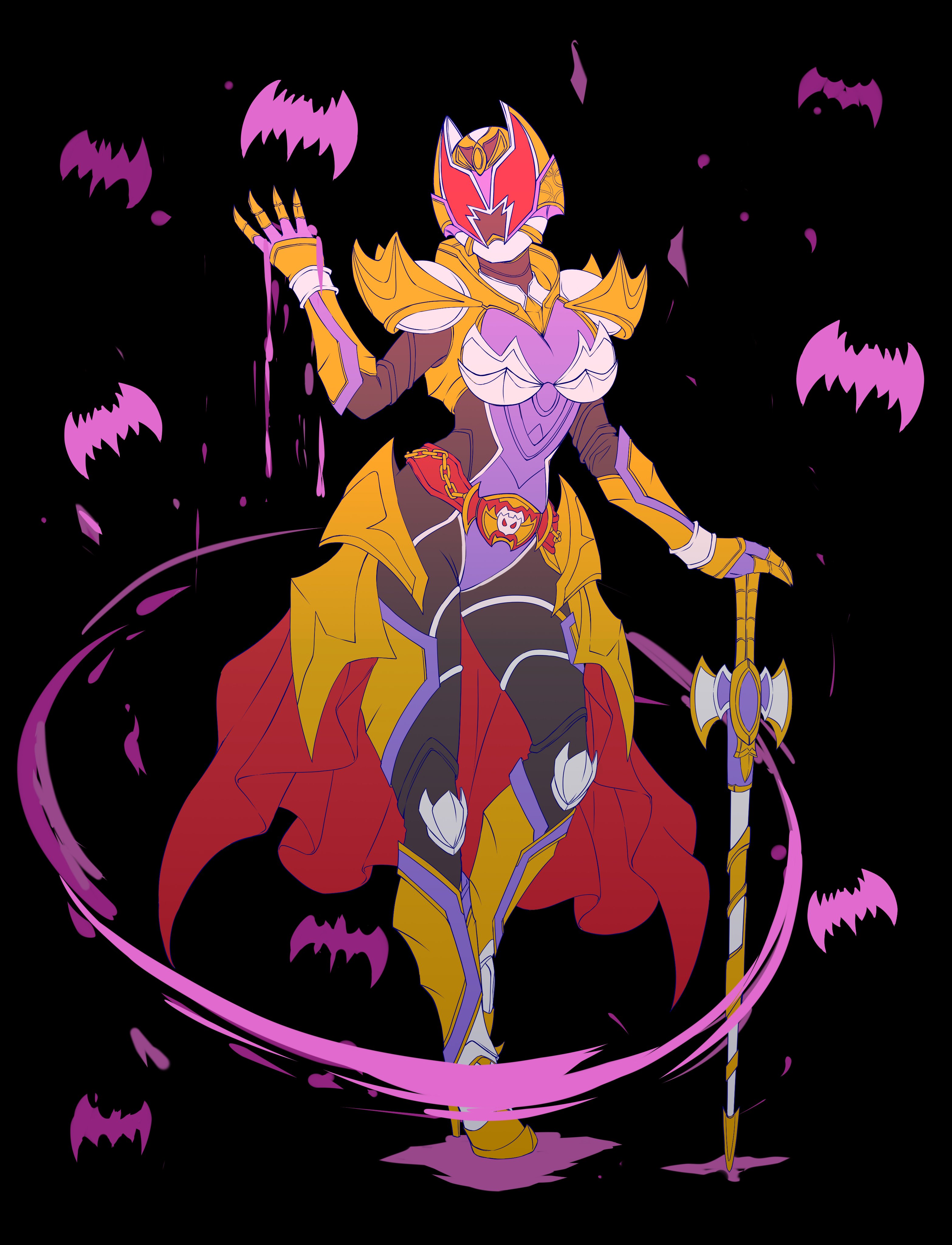 1girl absurdres alternate_costume alternate_form alternate_universe armor bat_(animal) belt black_background black_bodysuit blood bodysuit breastplate breasts contrapposto rider_belt gauntlets gloves gold_armor highres kamen_rider kamen_rider_dcd kamen_rider_kiva_(emperor_form) kamen_rider_kiva_(series) kamen_rider_kivala large_breasts mixed-language_commentary p.a.l.m pink_blood planted planted_sword planted_weapon red_eyes rider_belt sword tokusatsu vampire weapon