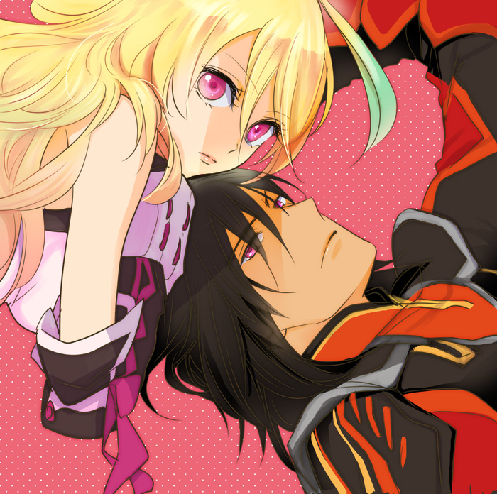 1boy 1girl ahoge armor bare_shoulders black_hair blonde_hair breasts coat elbow_gloves gaius_(tales) gloves lips long_hair milla_maxwell multicolored_hair pink_background pink_eyes ribbon short_hair tales_of_(series) tales_of_xillia