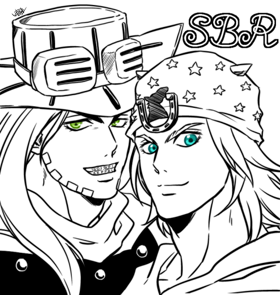 2boys beanie beard blue_eyes facial_hair goggles goggles_on_headwear green_eyes grills gyro_zeppeli hat horseshoe_ornament johnny_joestar jojo_no_kimyou_na_bouken kozakura_(i_s_15) long_hair male_focus multiple_boys smile spot_color steel_ball_run
