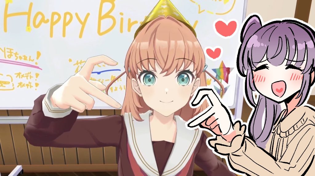 2girls :d ^_^ animal_ears blush brown_dress cerise_bouquet closed_eyes closed_mouth collared_dress commentary dress erako9 four-finger_heart_hands frilled_shirt_collar frills game_screenshot_background hair_intakes hair_ornament happy_birthday hasu_no_sora_school_uniform hat heart heart_hands heart_in_mouth hinoshita_kaho link!_like!_love_live! long_sleeves love_live! medium_hair multiple_girls neckerchief open_mouth orange_hair origami otomune_kozue outline paper_star party_hat rabbit_hair_ornament red_neckerchief sailor_collar sailor_dress school_uniform screenshot_background side_ponytail sidelocks smile symbol-only_commentary two_side_up upper_body virtual_youtuber white_outline white_sailor_collar whiteboard winter_uniform yellow_hat