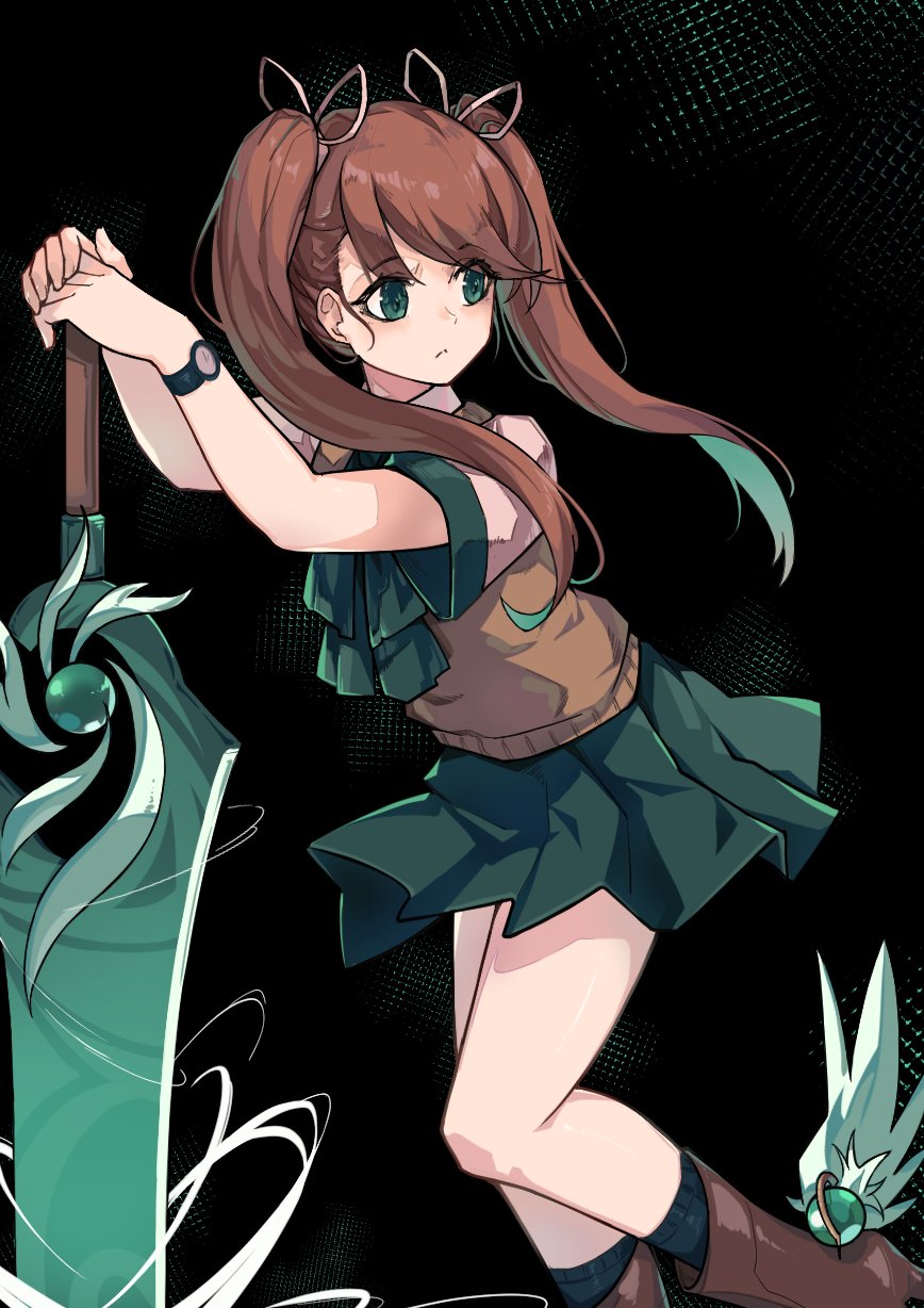 1girl ankle_wings brown_hair green_eyes hair_ribbon highres huge_weapon long_hair nanase_(under_night_in-birth) ribbon school_uniform skirt solo sweater_vest sword tierra_misu twintails under_night_in-birth watch weapon wings wristwatch