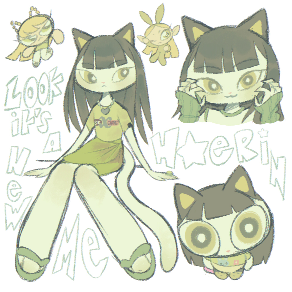 1girl animal_ears blonde_hair cartoonized cat_ears cat_girl cat_tail character_name claw_pose fisheye green_eyes green_shirt haerin_(newjeans) hair_ribbon jewelry k-pop kemonomimi_mode looking_at_viewer lyrics necklace newjeans orange_eyes pointy_ears powerpuff_girls real_life ribbon shirt sitting sleeves_past_wrists smile star_(symbol) tail tomi_(t4p10c4_) toon_(style) wide-eyed yellow_shirt