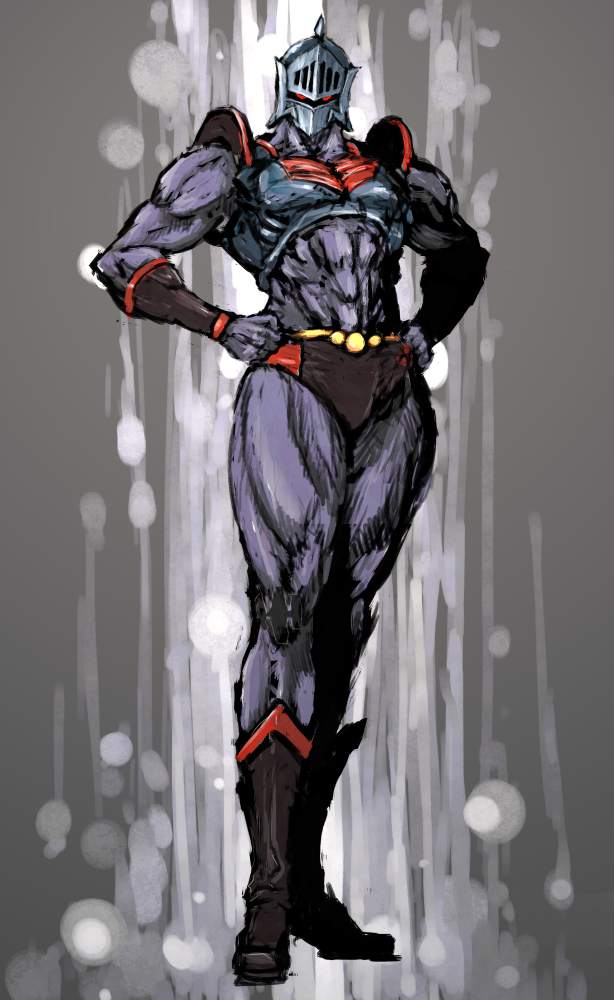 1boy 2010 abs armor black_footwear boots breastplate calves gouri_daisuke grey_background hands_on_own_hips helmet kinnikuman mask moto_murabito muscular muscular_male red_eyes robin_mask wrestling_outfit