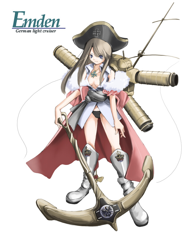 1girl anchor bicorne boots brown_hair cross emden female_focus fur hat imperial_german_navy iron_cross mecha_musume military nano_(nanosize) original panties ship solo tricorne underwear watercraft world_war_i