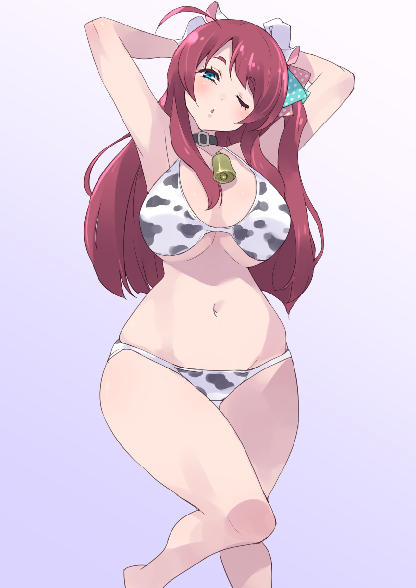 1girl ahoge animal_ears animal_print armpits arms_behind_head arms_up bell belt_collar bikini black_collar blue_eyes breasts collar coveredcore cow_ears cow_print cow_print_bikini cowbell fake_animal_ears gloves gradient_background highres large_breasts long_hair minamoto_sakura navel neck_bell one_eye_closed one_side_up presenting_armpit print_bikini purple_background red_hair solo standing standing_on_one_leg swimsuit underboob white_gloves zombie_land_saga