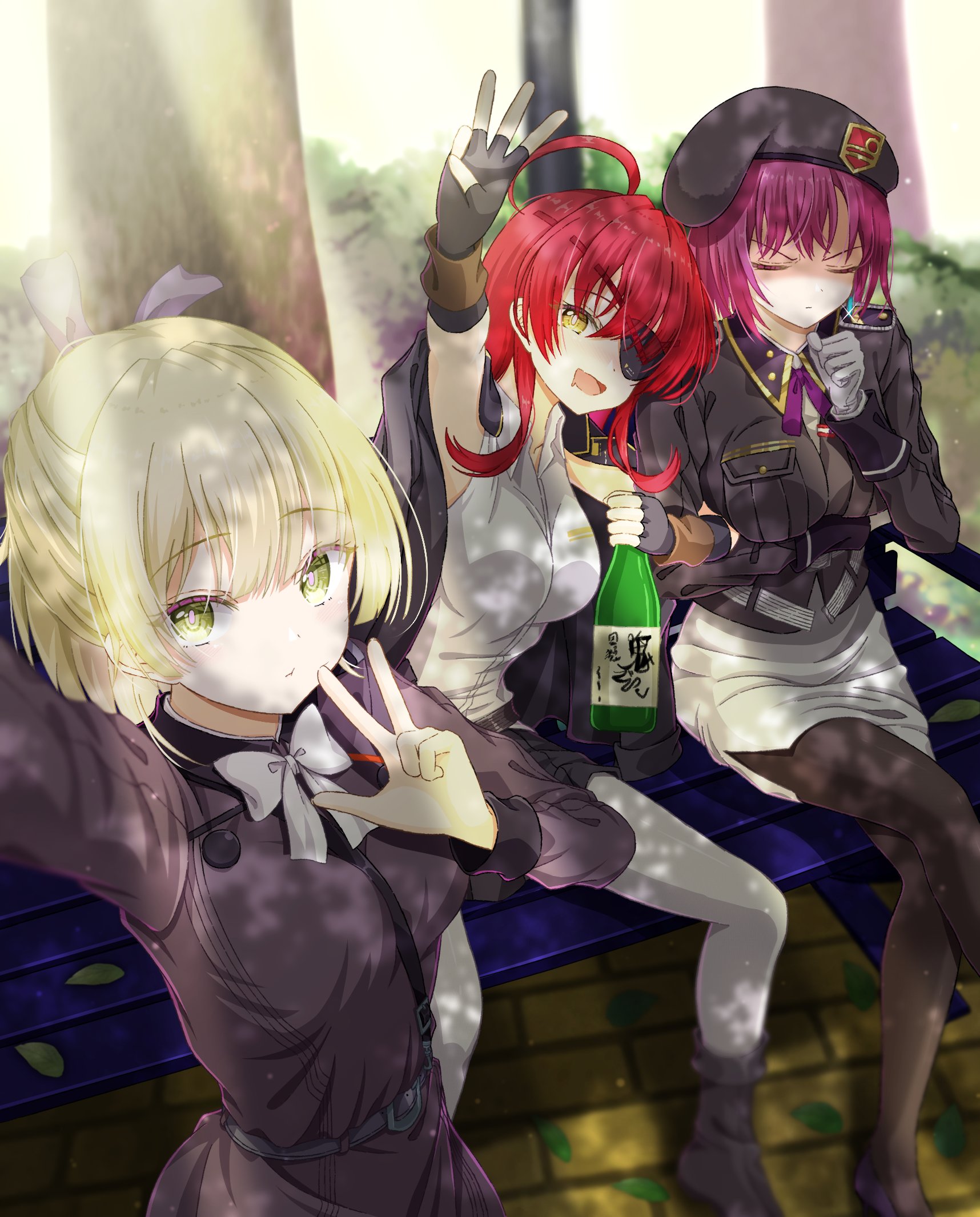 3girls ahoge asami_makiko_(heaven_burns_red) bench black_dress black_pantyhose blonde_hair bottle bow breasts dress eyepatch gloves green_eyes heaven_burns_red highres jacket jacket_on_shoulders large_breasts long_hair mochimugi_rice multiple_girls nanase_nanami_(heaven_burns_red) outdoors pantyhose pencil_skirt purple_hair red_eyes red_hair shirt short_hair skirt tezuka_saki tree white_gloves white_shirt wine_bottle yellow_eyes