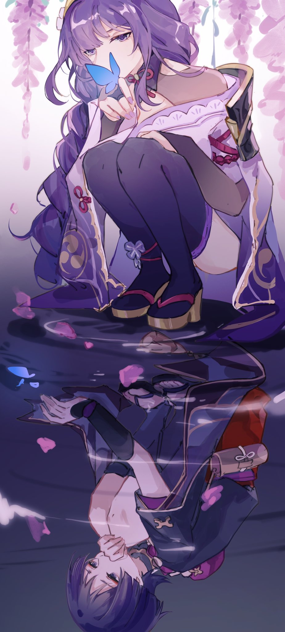 1boy 1girl ankle_flower arm_at_side ass bamboo black_bodysuit black_bridal_gauntlets black_footwear black_kimono black_sleeves black_thighhighs blue_butterfly blunt_bangs blunt_ends bodysuit bridal_gauntlets bug butterfly butterfly_on_hand covering_own_mouth different_reflection eyelashes eyeliner eyeshadow flower furisode genshin_impact gold_footwear gold_trim grey_leggings grey_shrug hand_on_own_knee hand_on_own_thigh hand_over_own_mouth hands_up highres hime_cut insect japanese_clothes kimono layered_sleeves leggings long_hair looking_down low-braided_long_hair low-tied_long_hair makeup mandarin_collar middle_ring mitsudomoe_(shape) mother_and_son off_shoulder okobo petals petals_on_liquid pink_nails platform_sandals purple_eyes purple_flower purple_hair purple_kimono purple_petals purple_sash purple_sleeves raiden_shogun red_eyeliner red_eyeshadow red_ribbon red_sash reflection ribbon ripples sandals sash scaramouche_(genshin_impact) short_sleeves shrug_(clothing) sidelocks single_sode squatting tassel thighhighs toeless_legwear toes tomoe_(symbol) tsurime yaoyuwith zouri