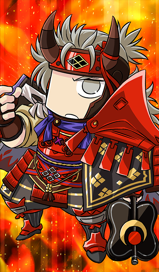 1boy armor brown_gloves chibi chibi_only commentary_request fate/grand_order fate_(series) fingerless_gloves gloves grey_eyes grey_hair gudaguda_chou_goryoukaku hand_fan headband holding holding_fan japanese_armor keikenchi long_hair looking_at_viewer low_ponytail male_focus official_art open_mouth orange_background ponytail solo standing takeda_shingen_(fate) third-party_source v-shaped_eyebrows war_fan yotsuwari-bishi