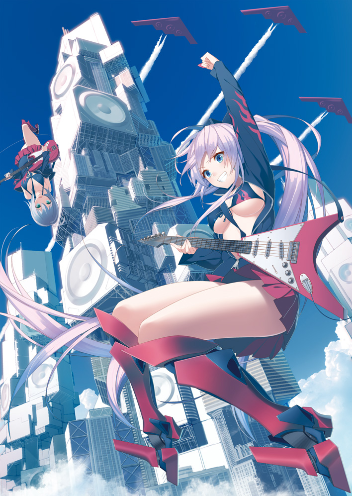 2girls aircraft airplane arm_up armor b-2_spirit bikini bikini_top_only blue_eyes blue_hair bomber boots breasts building cleavage contrail day electric_guitar flying_wing front-tie_top greaves grin guitar heavy_bomber high_heels hood hooded_jacket hoodie instrument izumi_sai jacket light_purple_hair long_hair medium_breasts midriff military military_vehicle multiple_girls off_shoulder open_mouth original penetrator_(aircraft) pleated_skirt plectrum ponytail science_fiction short_hair skirt sky skyscraper smile stealth stealth_aircraft stealth_bomber strategic_bomber swimsuit underboob upside-down very_long_hair white_hair