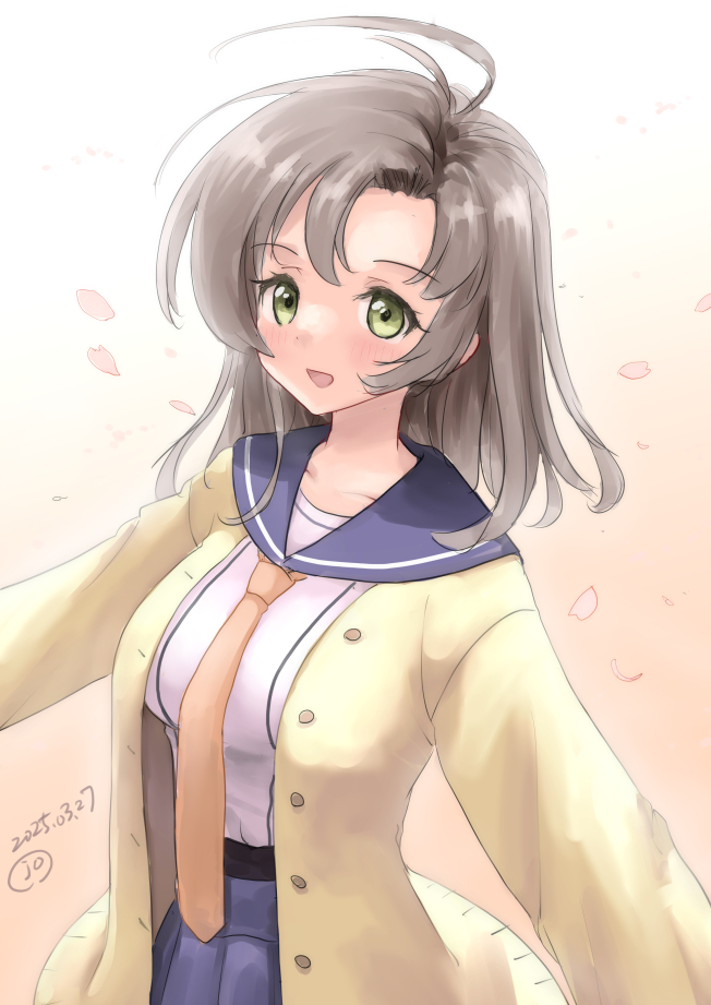 1girl antenna_hair cardigan cowboy_shot green_eyes grey_hair hair_down kantai_collection kinugasa_(kancolle) kinugasa_kai_ni_(kancolle) kitagawa_mikio medium_hair neckerchief one-hour_drawing_challenge outstretched_arms pleated_skirt purple_sailor_collar purple_skirt sailor_collar school_uniform serafuku shirt skirt smile solo white_shirt yellow_cardigan yellow_neckerchief