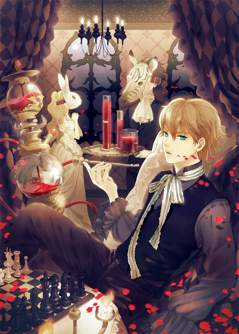 1girl 2boys ame_(conronca) bad_id bad_pixiv_id beaker blonde_hair blood blue_eyes board_game candelabra candle candlestand chandelier chess curtains dress formal_clothes measuring_cylinder hookah long_hair mask multiple_boys original own_hands_clasped own_hands_together petals rabbit ribbon suit window zebra