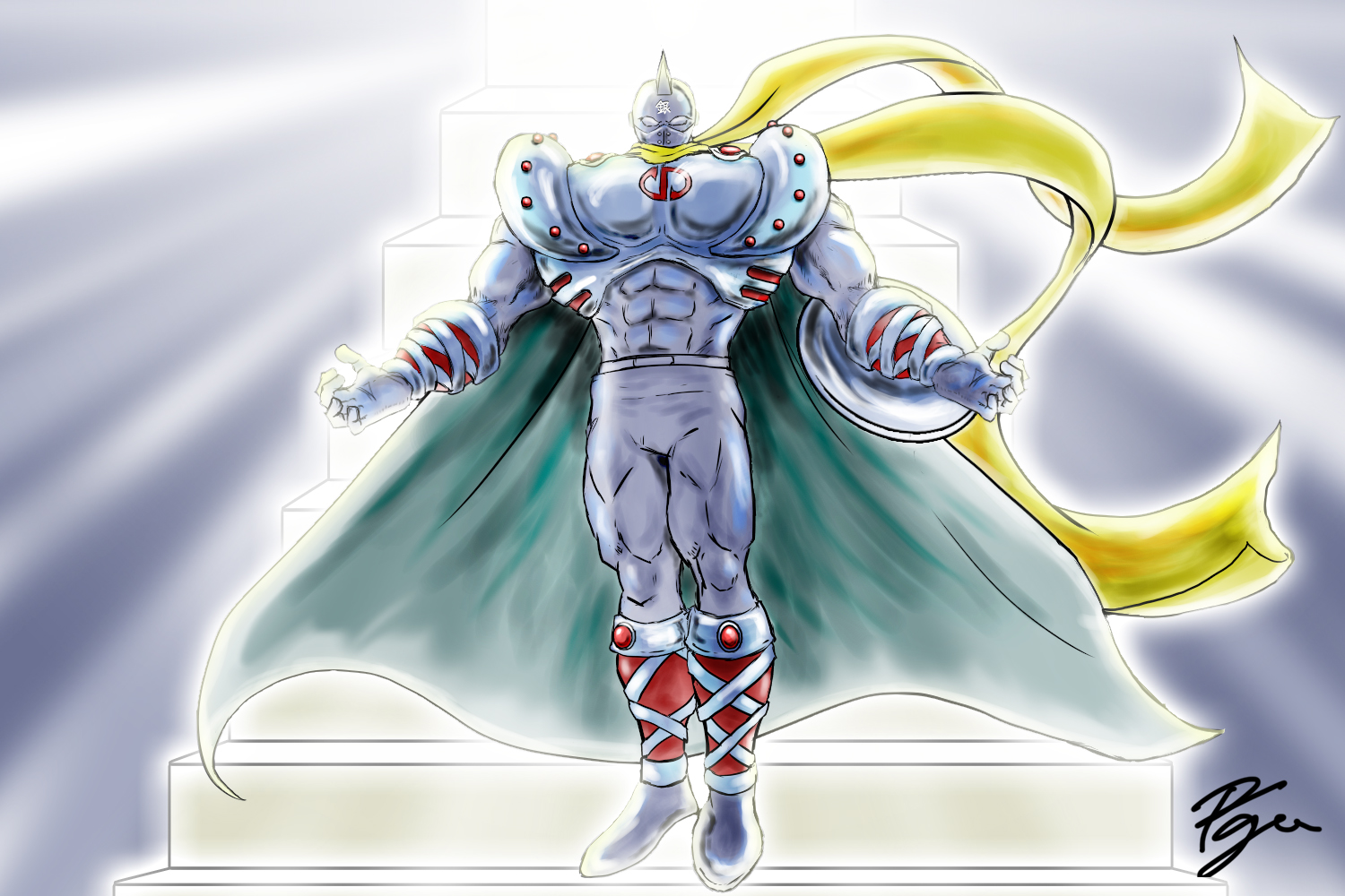 1boy abs armor artist_request epaulettes full_armor full_body kinnikuman looking_at_viewer mask muscular shield silverman stairs wrestling wrestling_mask