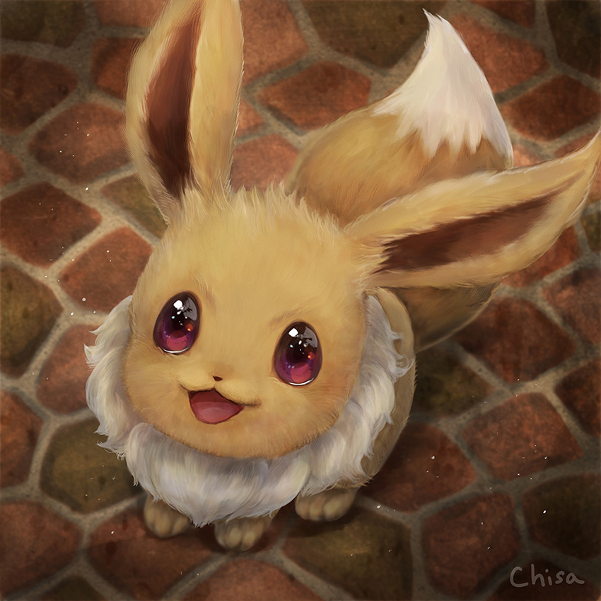 animal_focus brown_eyes eevee gen_1_pokemon happy momomo12 nintendo no_humans open_mouth pokemon pokemon_(creature) signature sitting smile solo