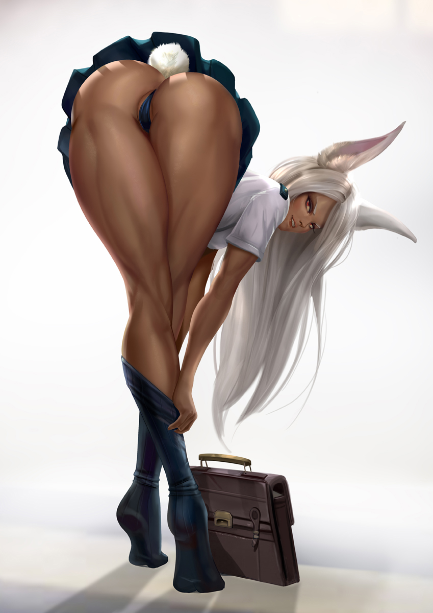 1girl animal_ears ass bent_over boku_no_hero_academia dark-skinned_female dark_skin feet felox08 from_behind highres kneehighs kneehighs_pull legs long_hair looking_back mirko muscular muscular_female muscular_legs rabbit_ears rabbit_tail red_eyes shirt skirt socks soles solo source_request tail tiptoes underwear white_hair white_shirt