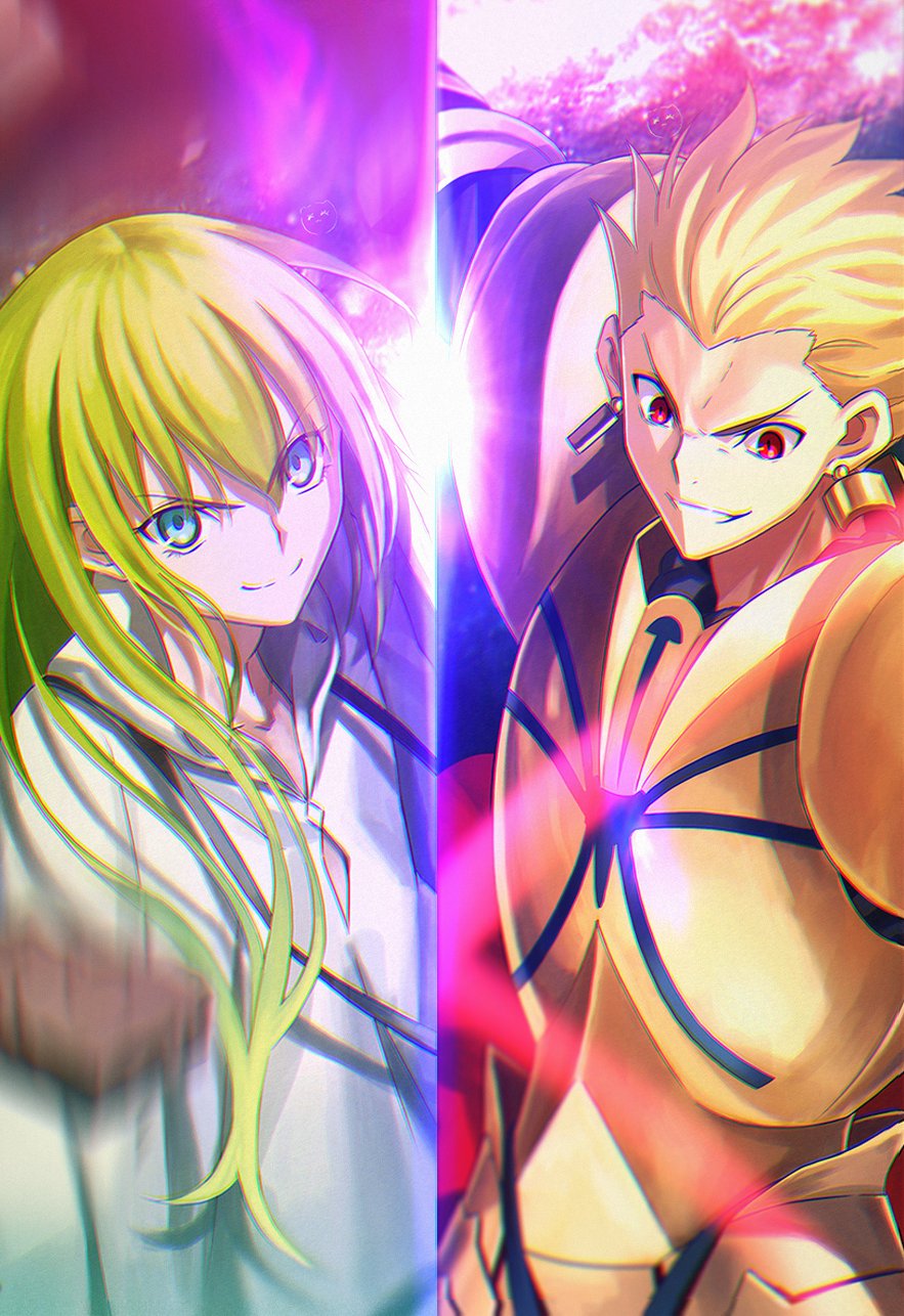 2boys aora armor blonde_hair blue_eyes earrings enkidu_(fate) fate/grand_order fate_(series) gilgamesh_(fate) gold_armor green_hair highres jewelry male_focus multiple_boys red_eyes shirt smirk white_shirt