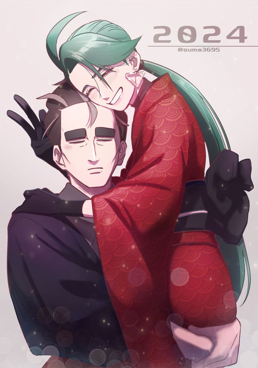 1boy 1girl 2024 black_gloves black_hair carrying closed_eyes commentary_request ear_piercing earrings frown gloves grey_hair grin highres japanese_clothes jewelry kimono larry_(pokemon) long_hair multicolored_hair nintendo piercing pink_lips pokemon pokemon_sv ponytail red_kimono rika_(pokemon) smile streaked_hair suma3695 thick_eyebrows triangle_earrings twitter_username two-tone_hair very_long_hair w wide_sleeves