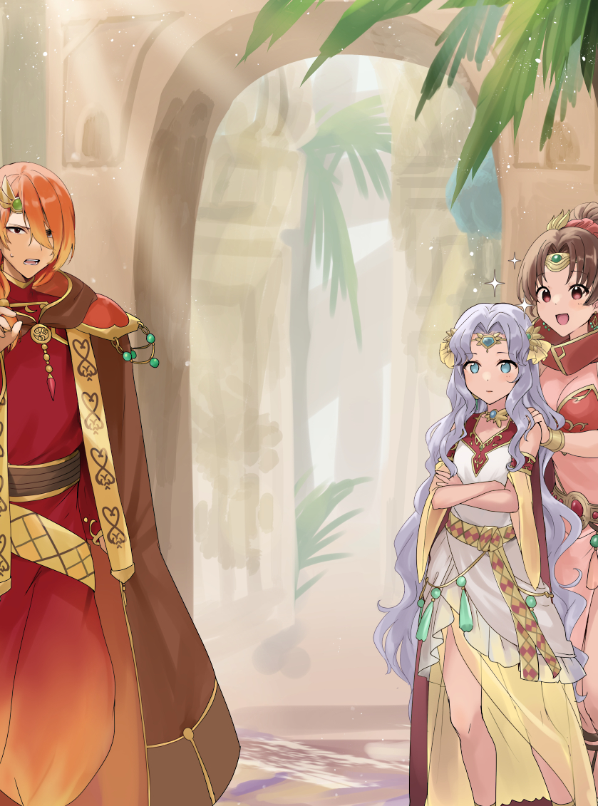 1boy 2girls :d bare_shoulders belt blue_eyes brown_eyes brown_hair cape commentary_request crossed_arms dress earrings fire_emblem fire_emblem:_mystery_of_the_emblem fire_emblem:_thracia_776 fire_emblem_echoes:_shadows_of_valentia fire_emblem_heroes hair_ornament haru_(nakajou-28) jewelry leotard linde_(fire_emblem) linde_(khadein)_(fire_emblem) long_hair luthier_(fire_emblem) multiple_girls nintendo open_mouth orange_hair pink_leotard ponytail purple_hair sara_(fire_emblem) sara_(khadein)_(fire_emblem) see-through_clothes sleeveless sleeveless_dress smile sparkle star_(symbol) very_long_hair white_dress